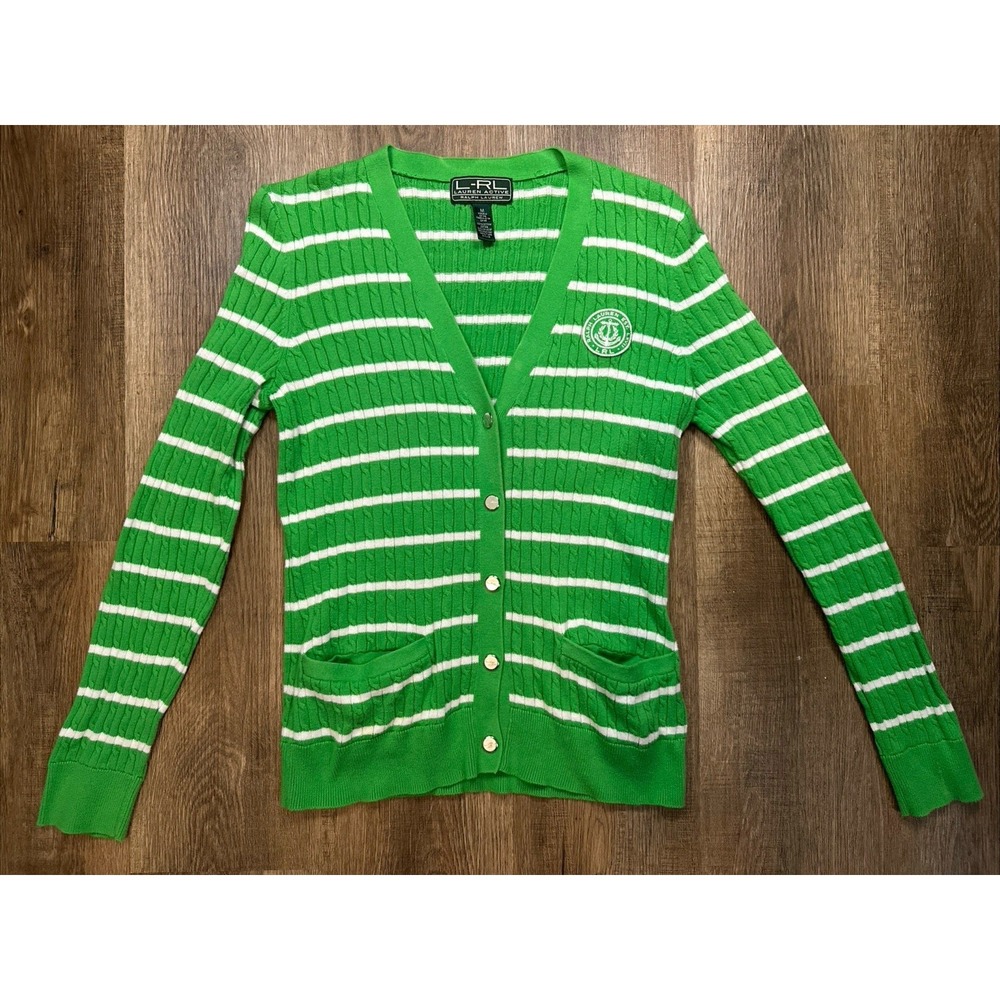 Lauren Active Ralph Lauren Cardigan Sweater Green Striped Preppy Women's M